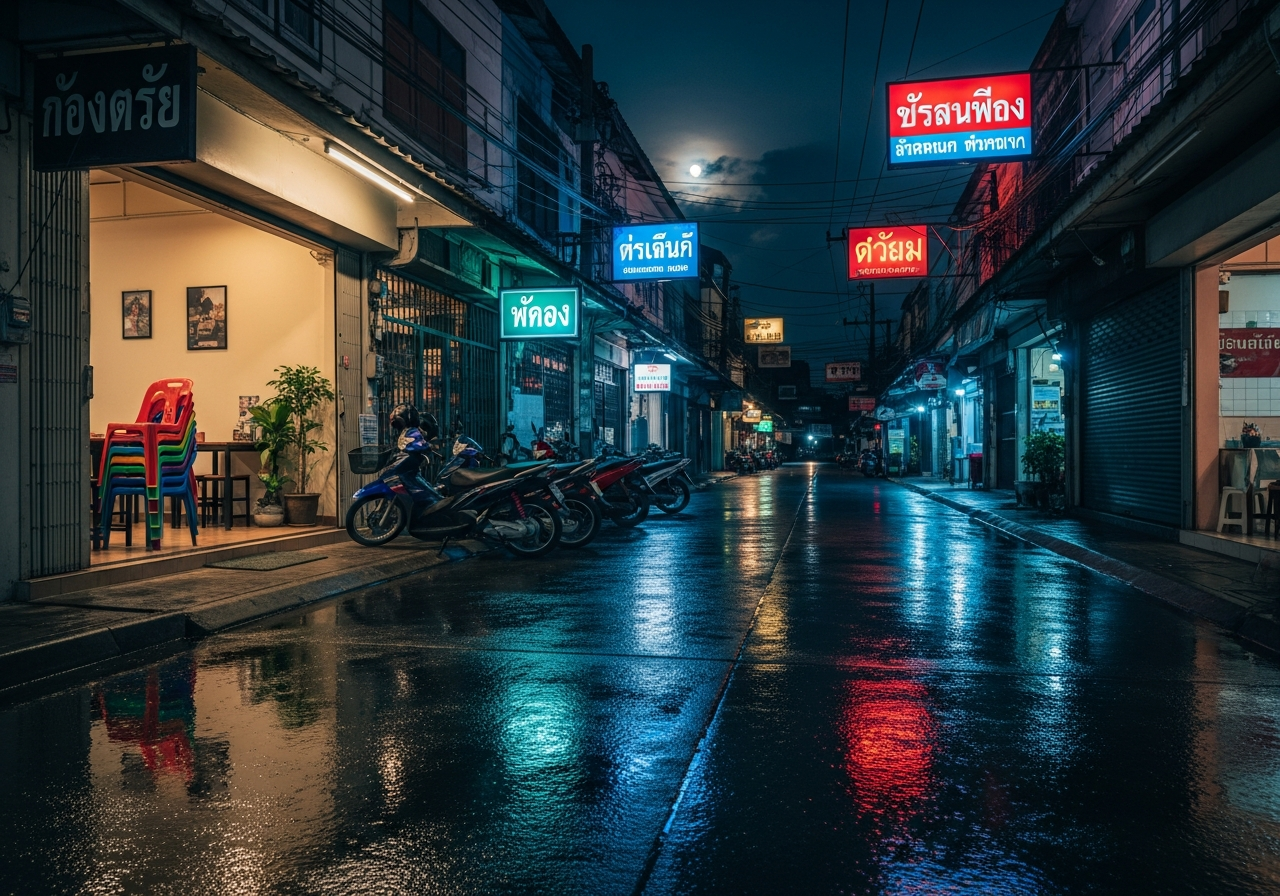 Quiet neon-lit soi in Ari, Bangkok at night — empty street near the hotel