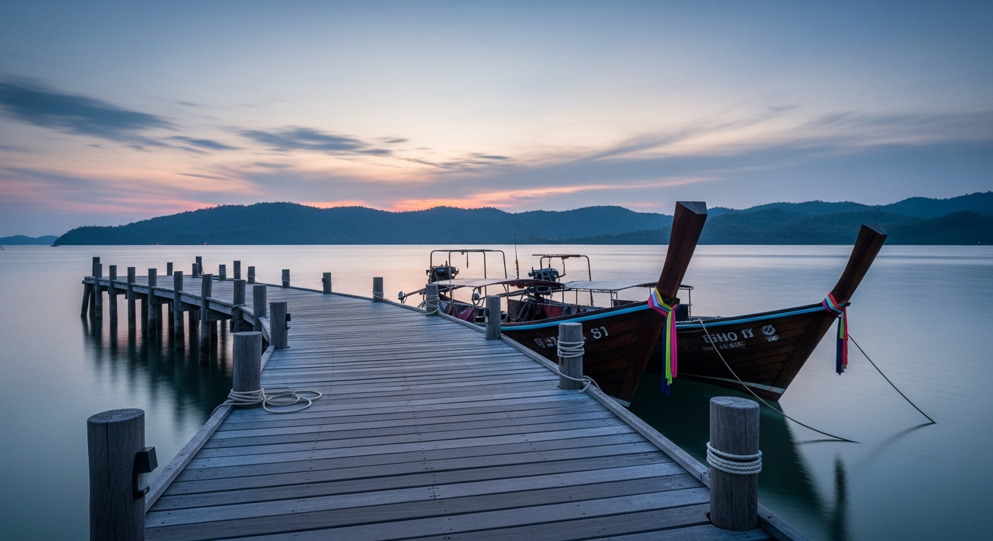 Hat Chandamri pier at blue hour, Ranong