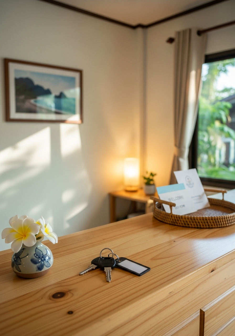 Cozy reception desk with room keys and flowers, Chandamri Cove Stay Ranong
