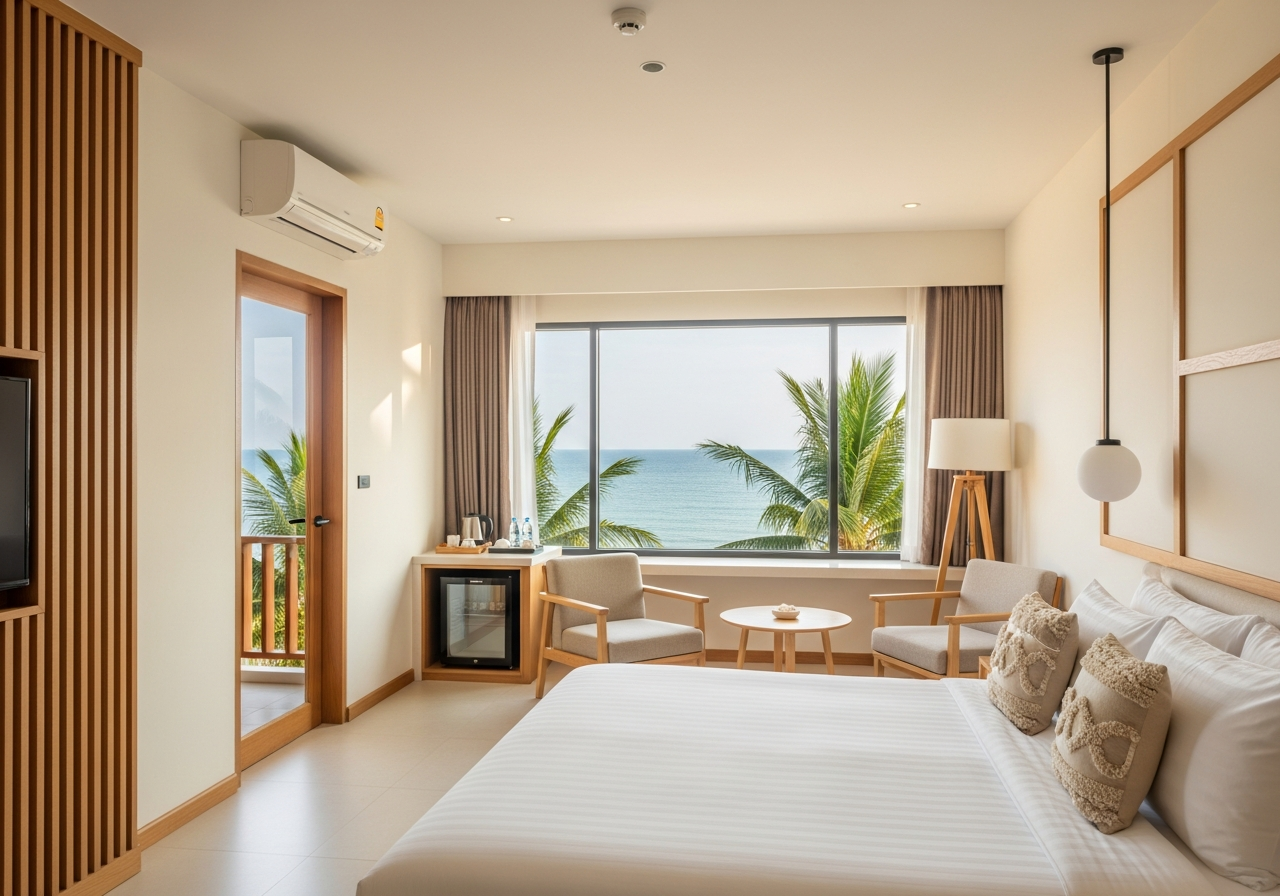 Deluxe room — sea view, sitting corner and mini fridge