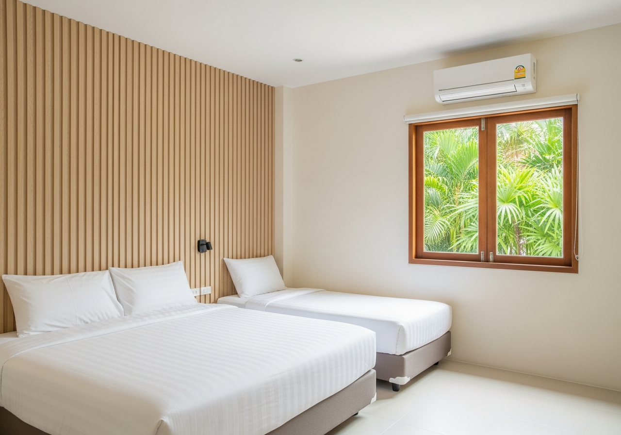 Family room, queen and twin beds, garden view