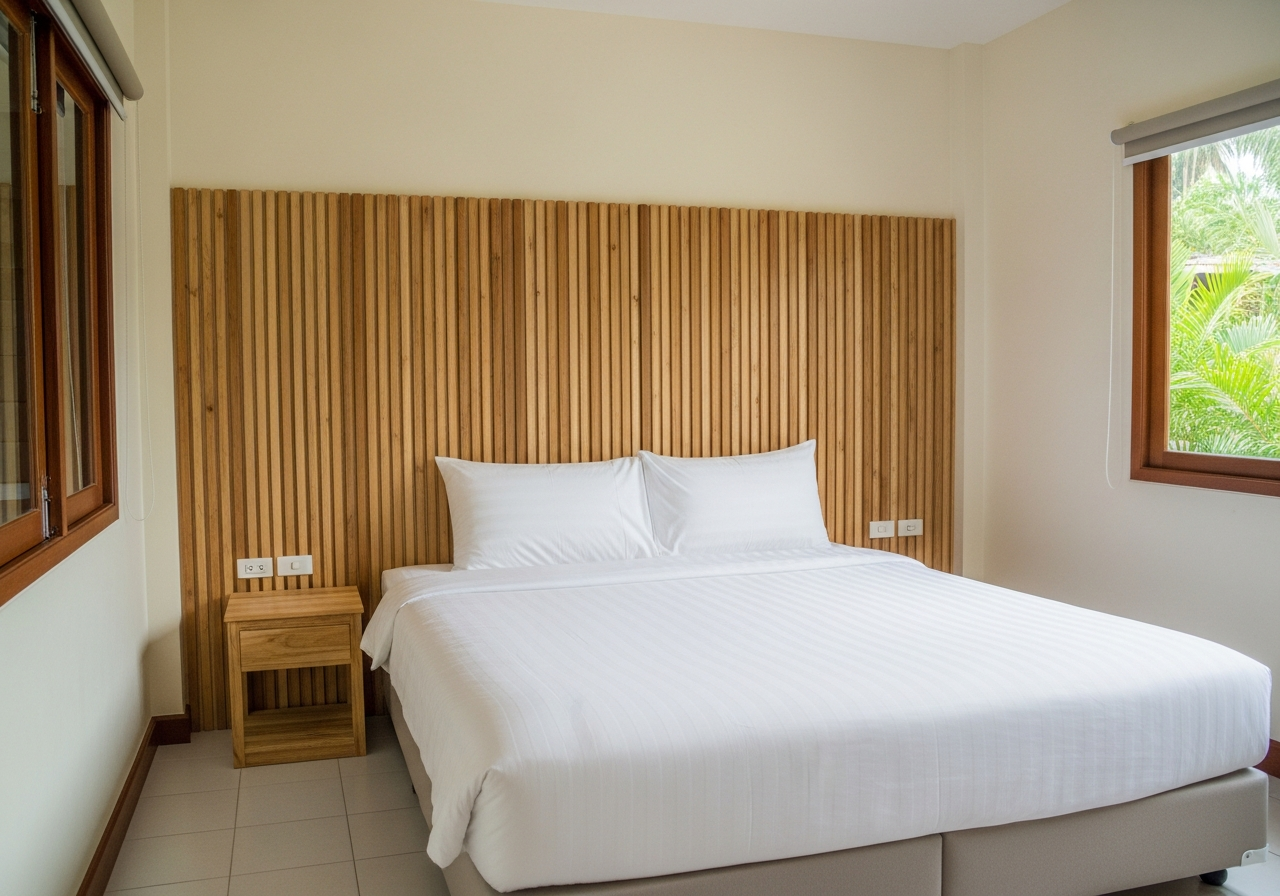 Standard room, cream walls, wood-slat headboard, garden view