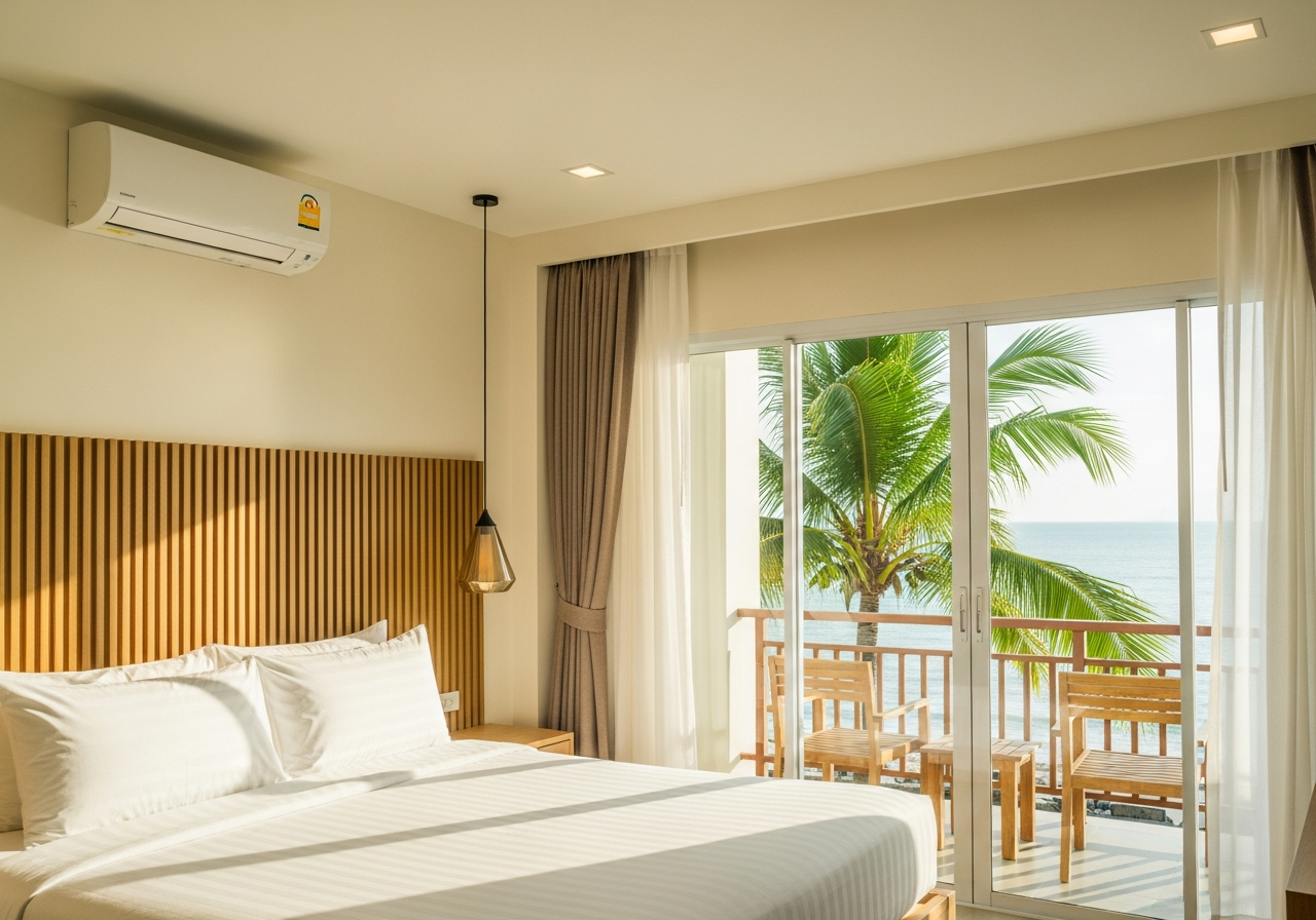 Superior room — wood-slat headboard, balcony toward the Gulf\