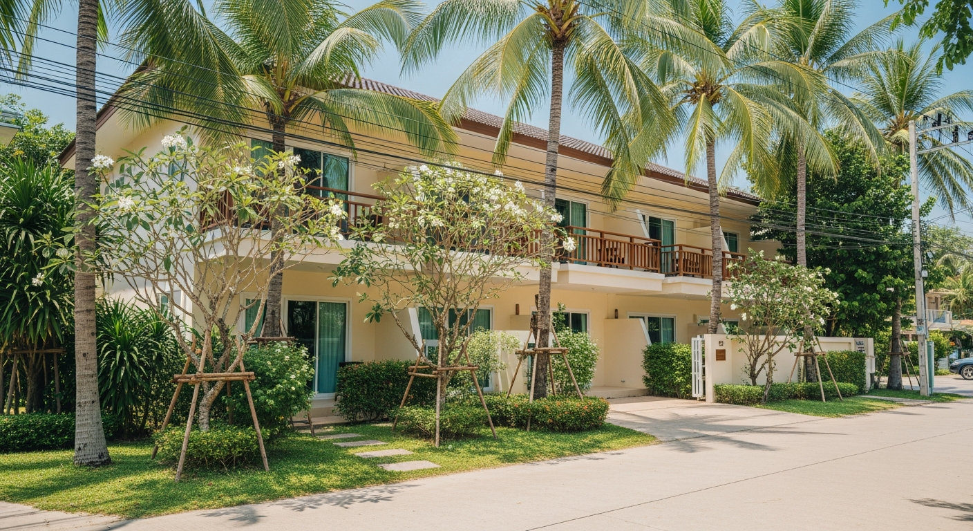 Naresdamri Palm House — small family boutique near Hua Hin Beach, Gulf of Thailand, warm cream walls and tropical garden in morning light