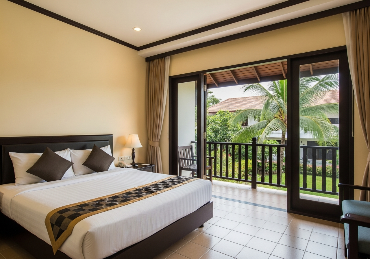 Standard room — garden view, queen bed, cream boutique interior Hua Hin