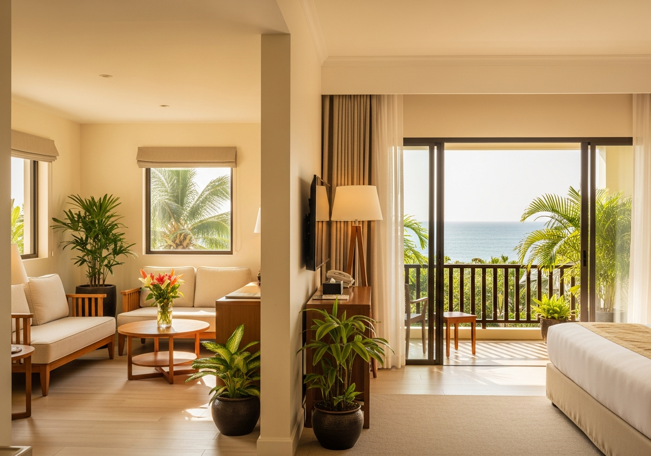 Suite — family room with balcony railings and partial Gulf view, Hua Hin