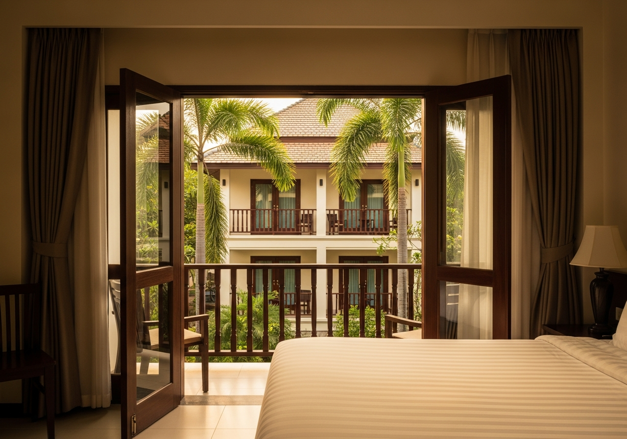 Superior room — courtyard balcony with wooden railings, cream boutique Hua Hin