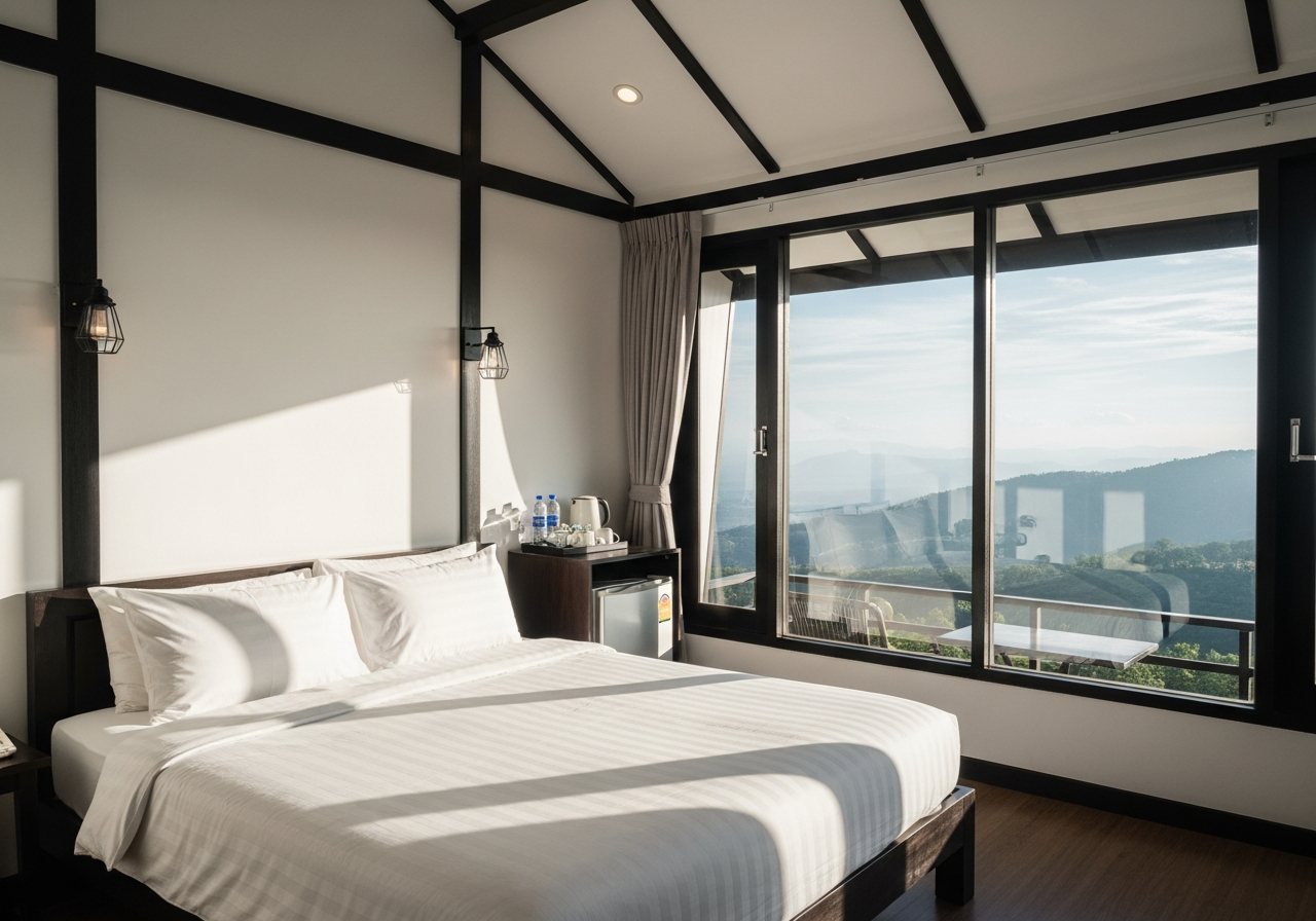Deluxe room with mountain view, cream walls, wood trim