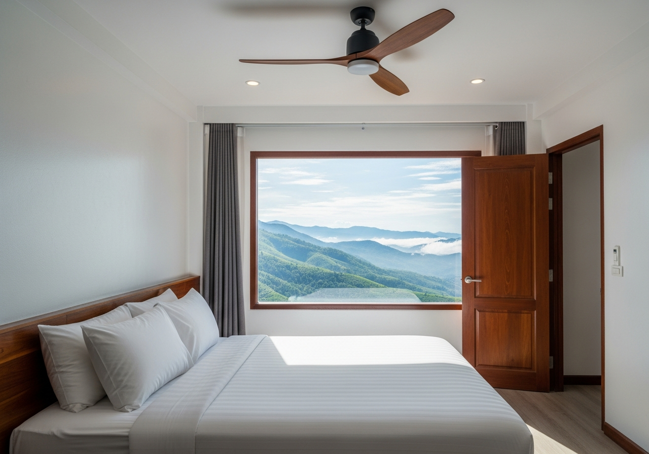 Standard room with mountain window, cream walls, timber frames