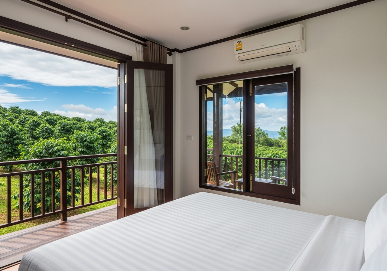 Superior room with garden balcony, white walls, timber door