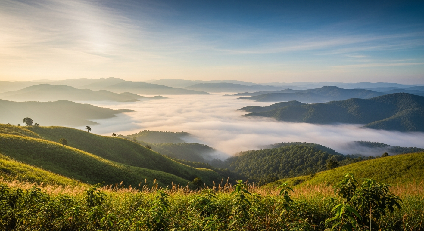 Sea of mist over green Khao Kho highland ridges at dawn