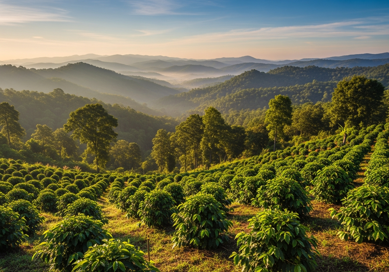 Green highland hills above the coffee slope at first light
