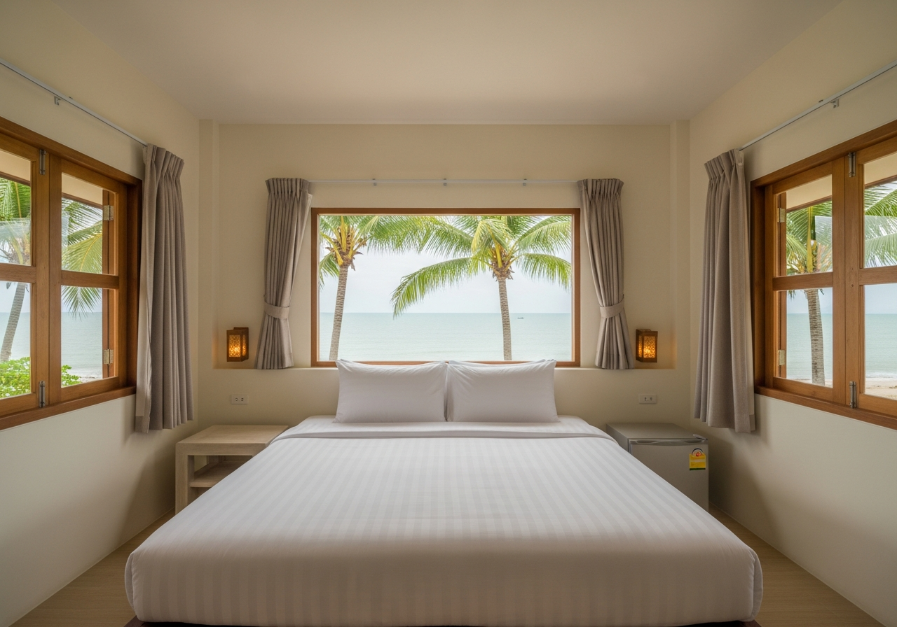 Deluxe room — king bed, sea view window, soft wood