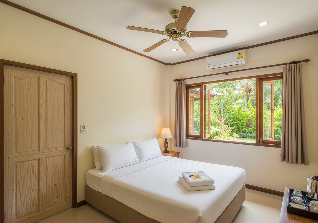 Standard bungalow — cream walls, double bed, garden light