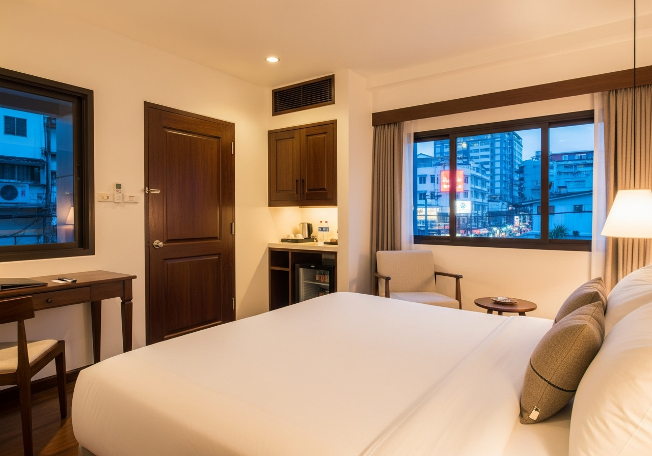 Deluxe room — king bed, desk, white boutique interior