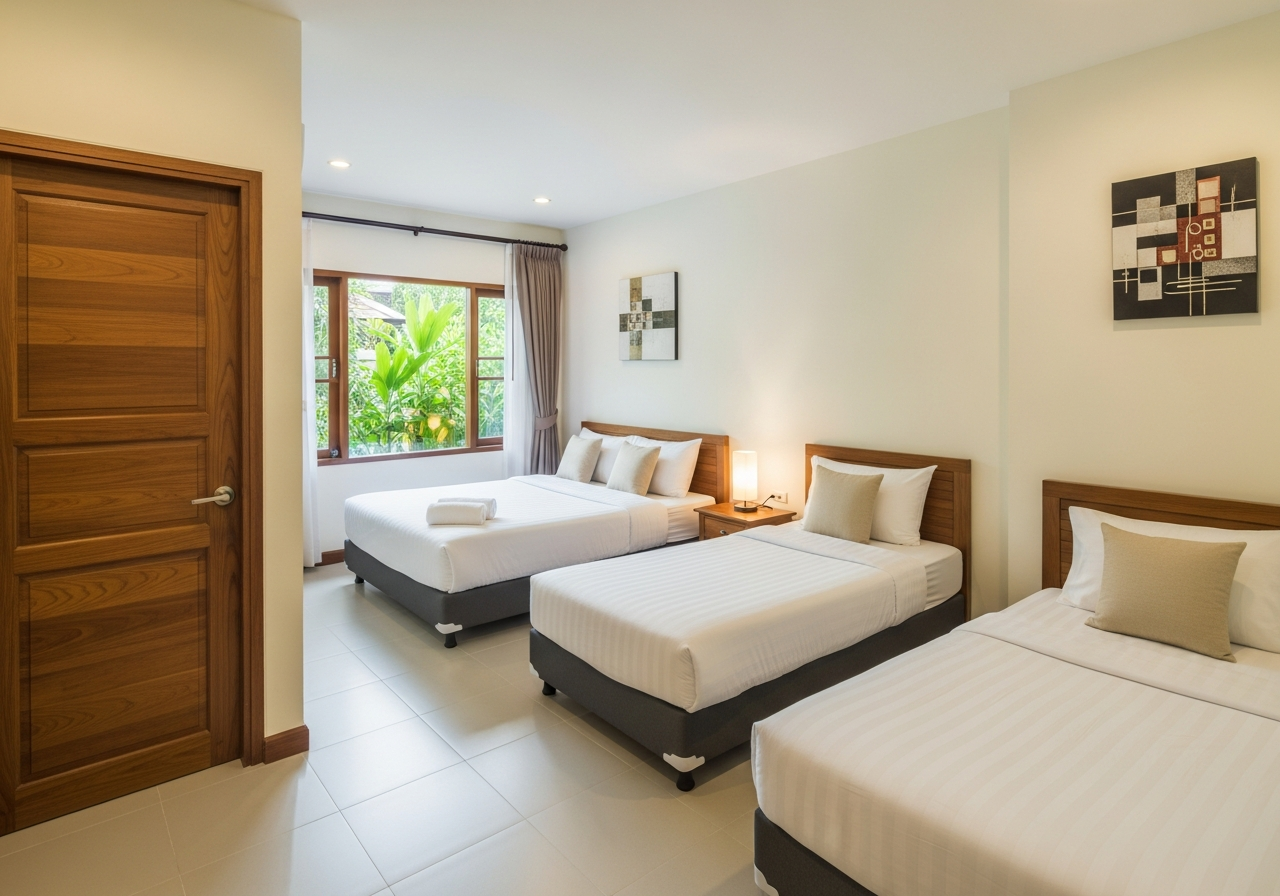 Family room — queen and twin beds, garden-side quiet