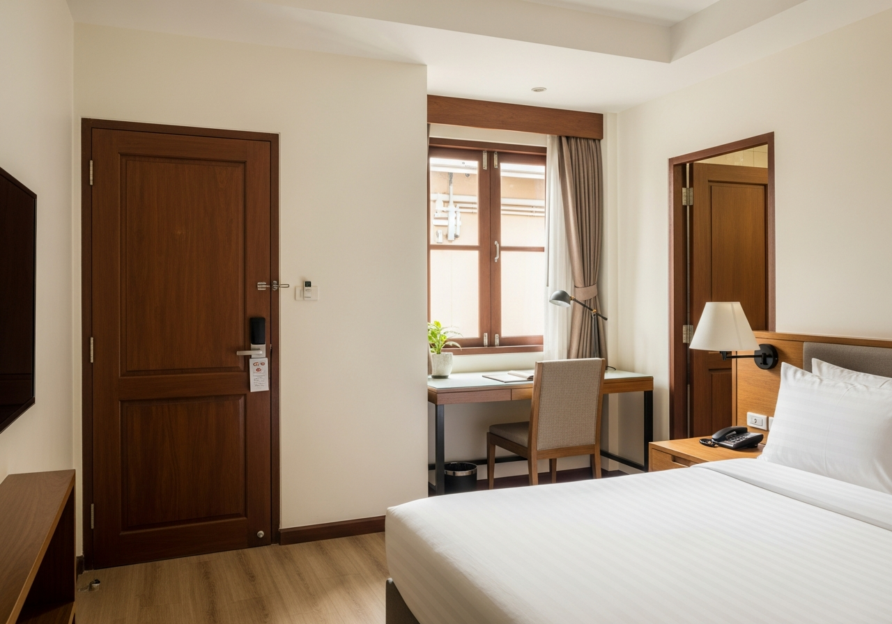Standard room — white walls, queen bed, courtyard light