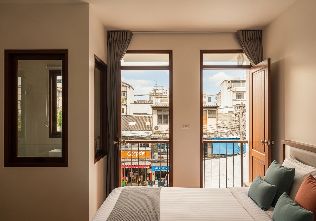 Superior room — white walls, balcony, city view toward Nimman