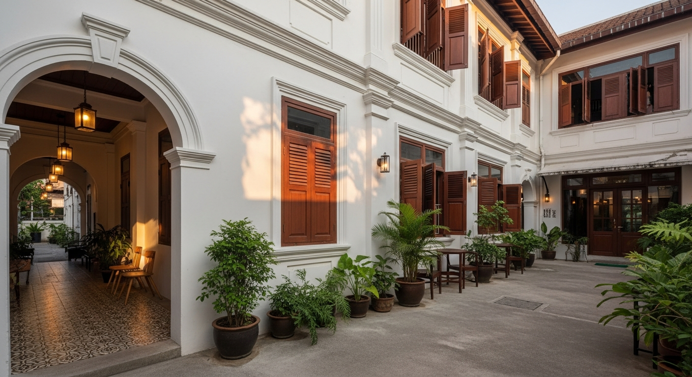 Soi Romanee House — premium shophouse courtyard boutique in Phuket Old Town, milk-white and terracotta walls in golden afternoon light