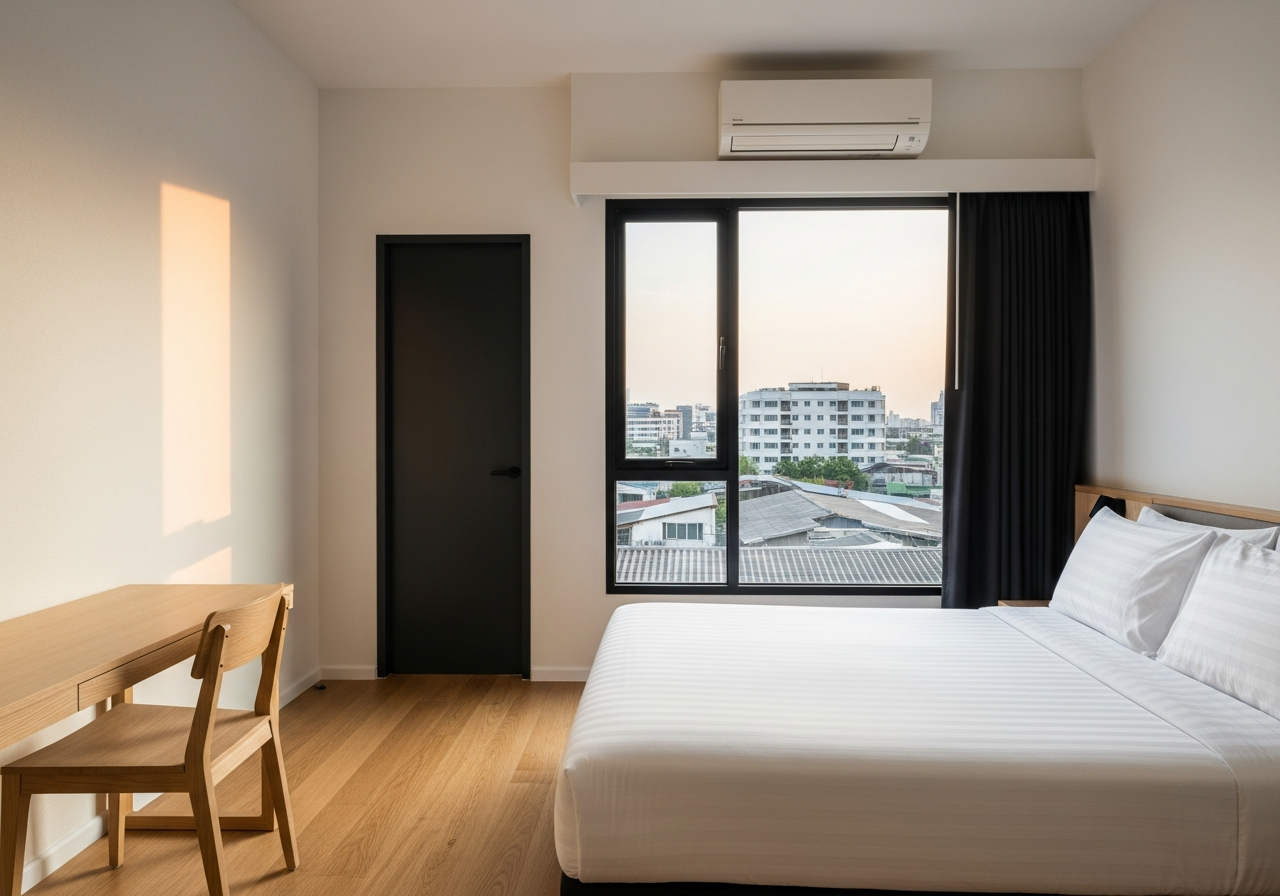 Standard room — queen bed and work desk