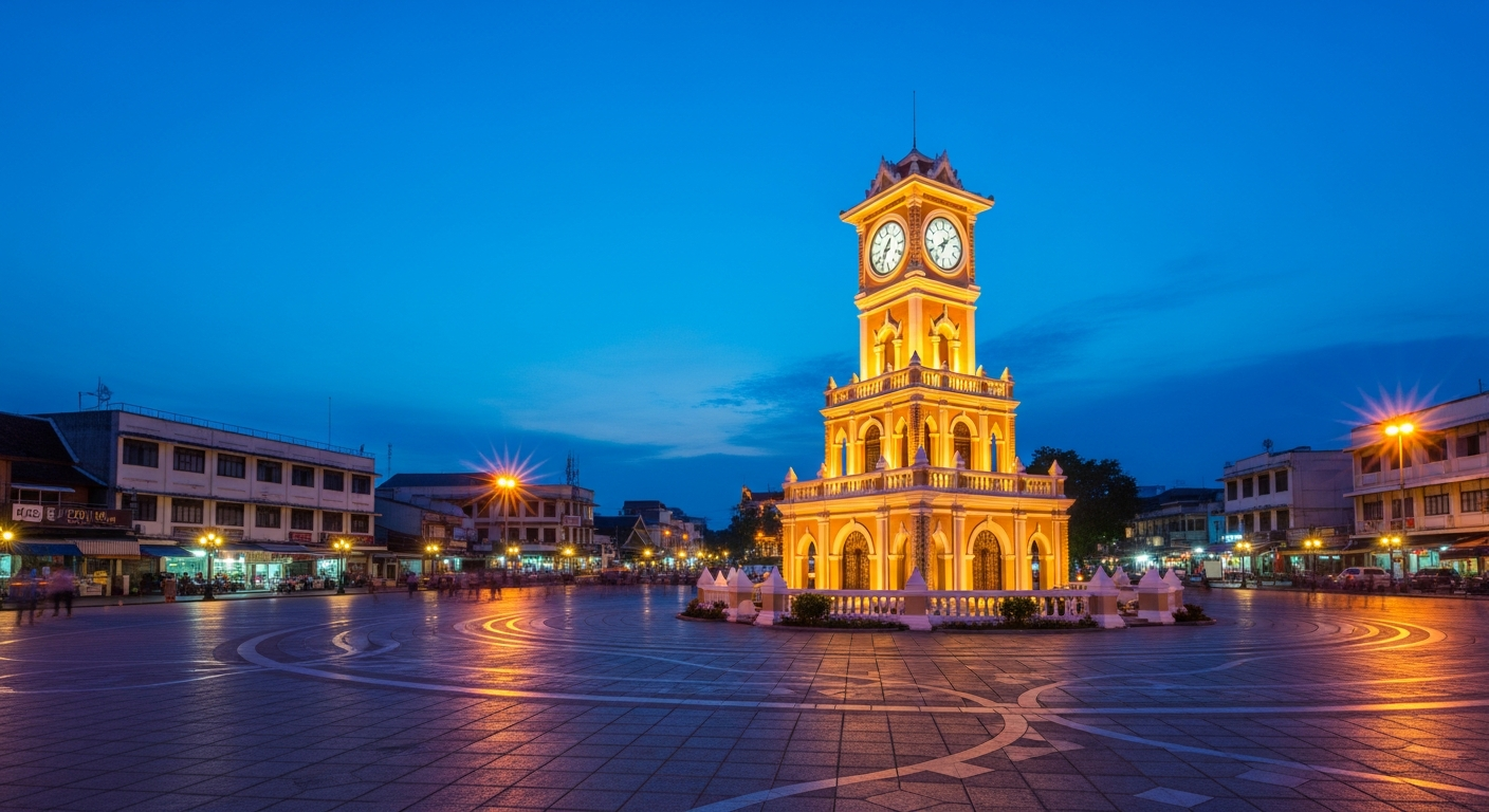 Chiang Rai clock tower glowing at dusk in the old-town square