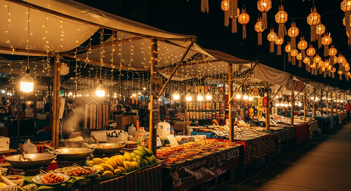 Warm string-lit night market stalls in Chiang Rai