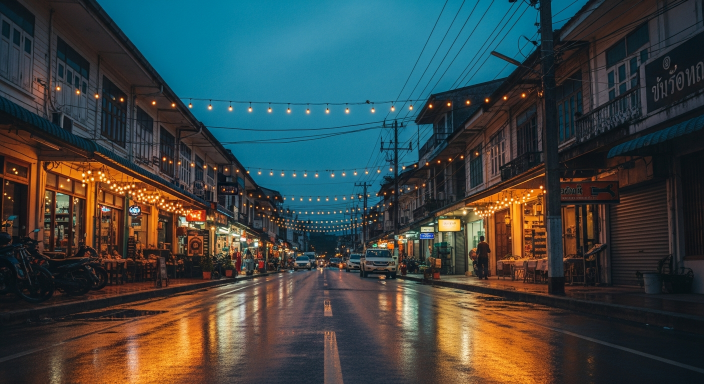 Chiang Rai old-town evening lights near the night bazaar