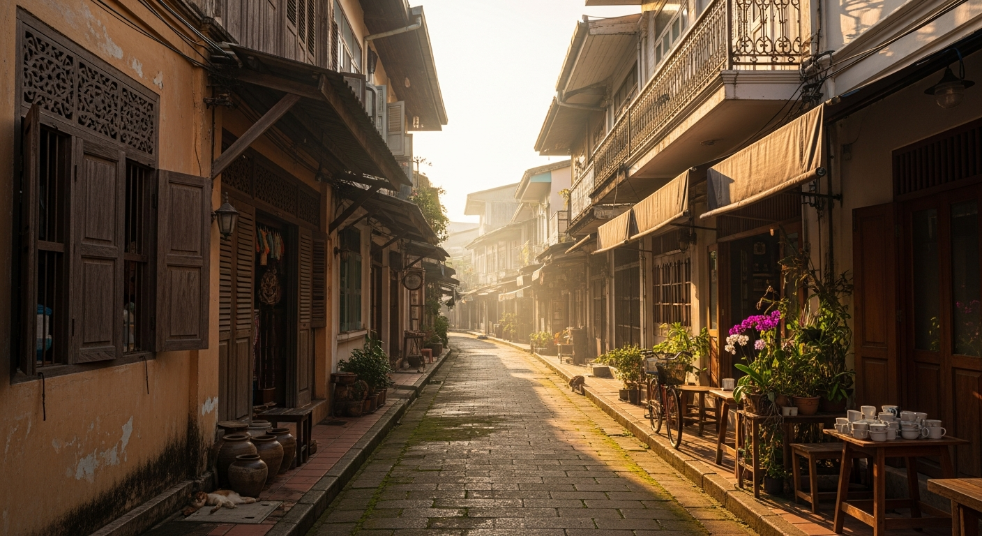 Chiang Rai old-town street in soft morning light