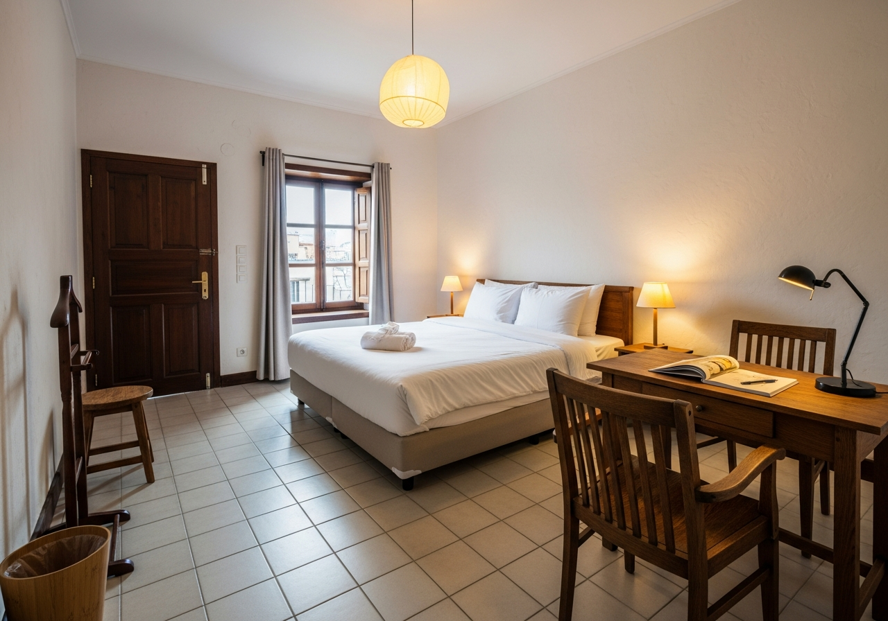 Deluxe room — king bed, desk, cream walls