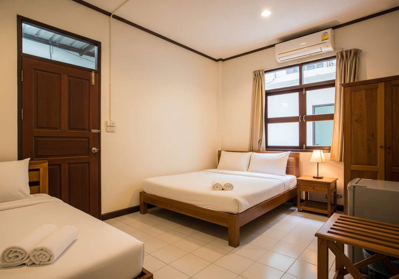 Family room — queen and twin, cream walls, courtyard