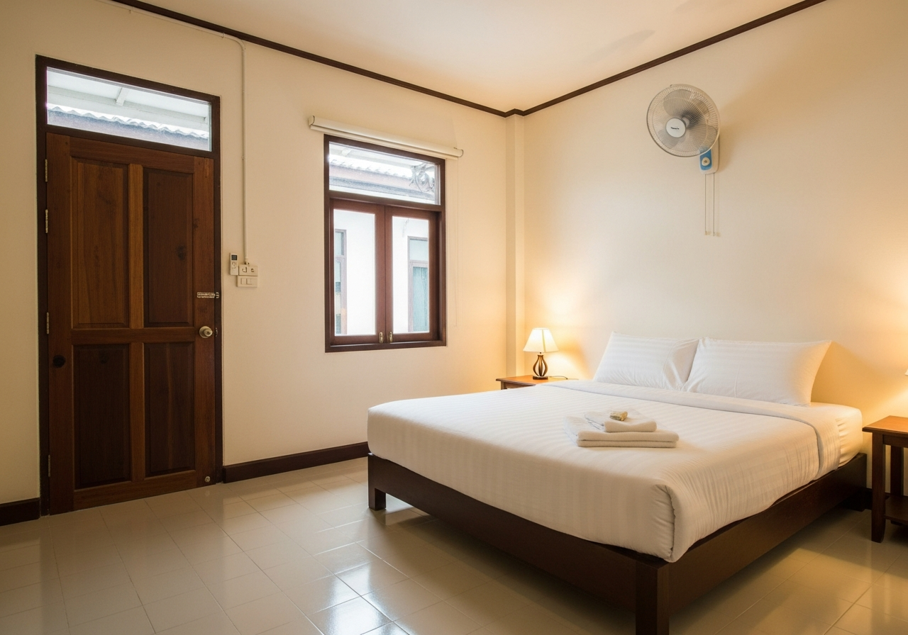 Standard room — cream walls, queen bed, courtyard light