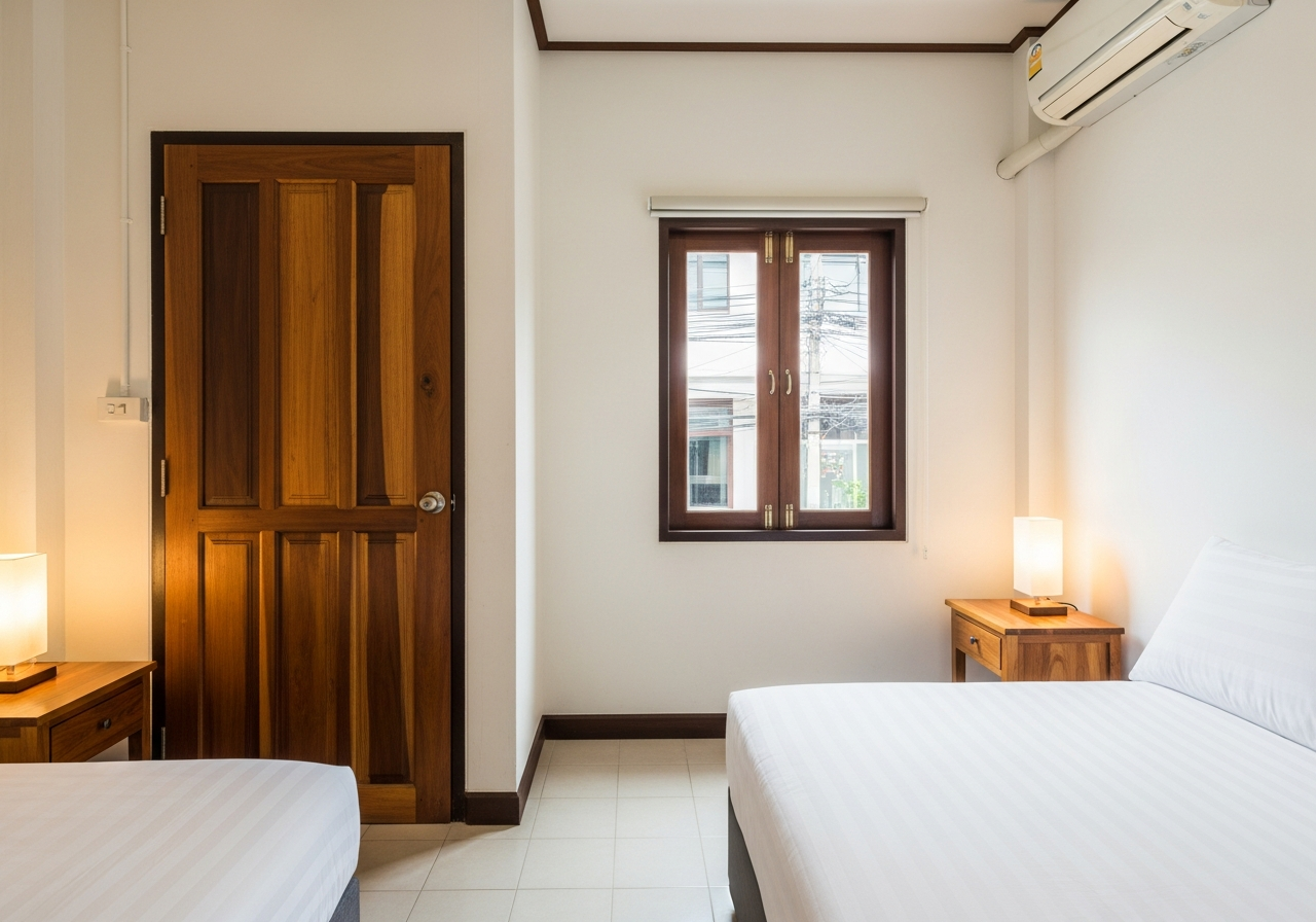 Superior room — twin beds, white walls, city light
