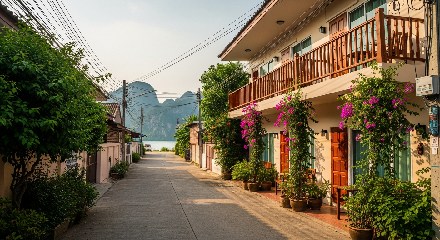 Baan Lalune guesthouse on a quiet Ao Nang soi, tropical lane with the Andaman glimpsed in the distance