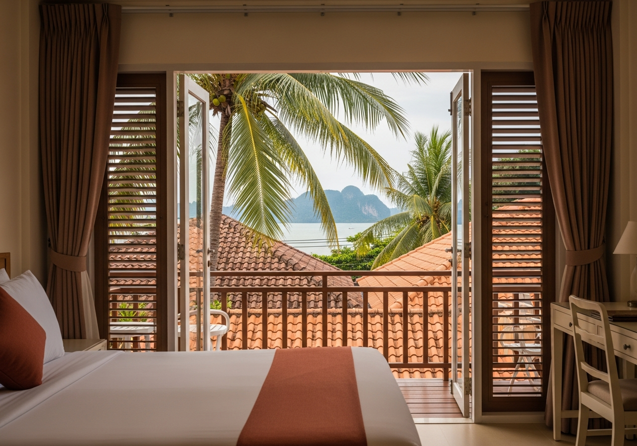 Deluxe room — balcony with sea view through palms