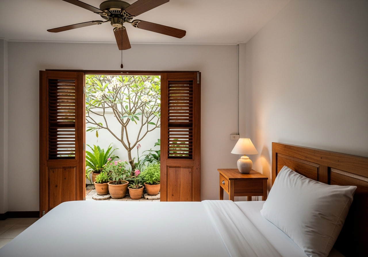 Standard room — queen bed, ceiling fan, frangipani courtyard garden