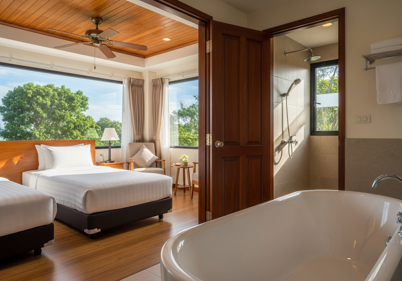 Suite — two queen beds, sitting nook, deep bathtub ensuite