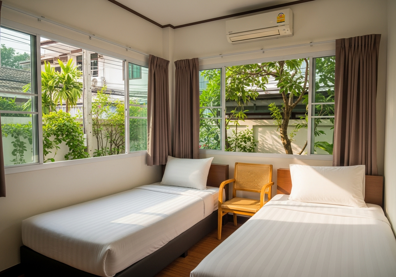 Superior room — twin beds, reading chair, side garden view